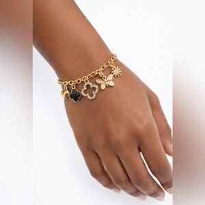 MINT Black CZ Clover Butterfly Heart Flower Goldtone Dangle Charm Bracelet 8" NE